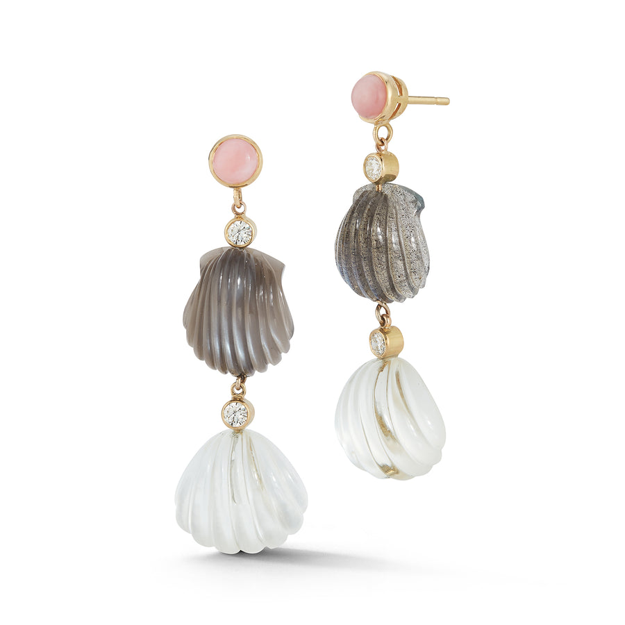 Dream Shell Earrings - Pink Opal, Labradorite and Rock Crystal